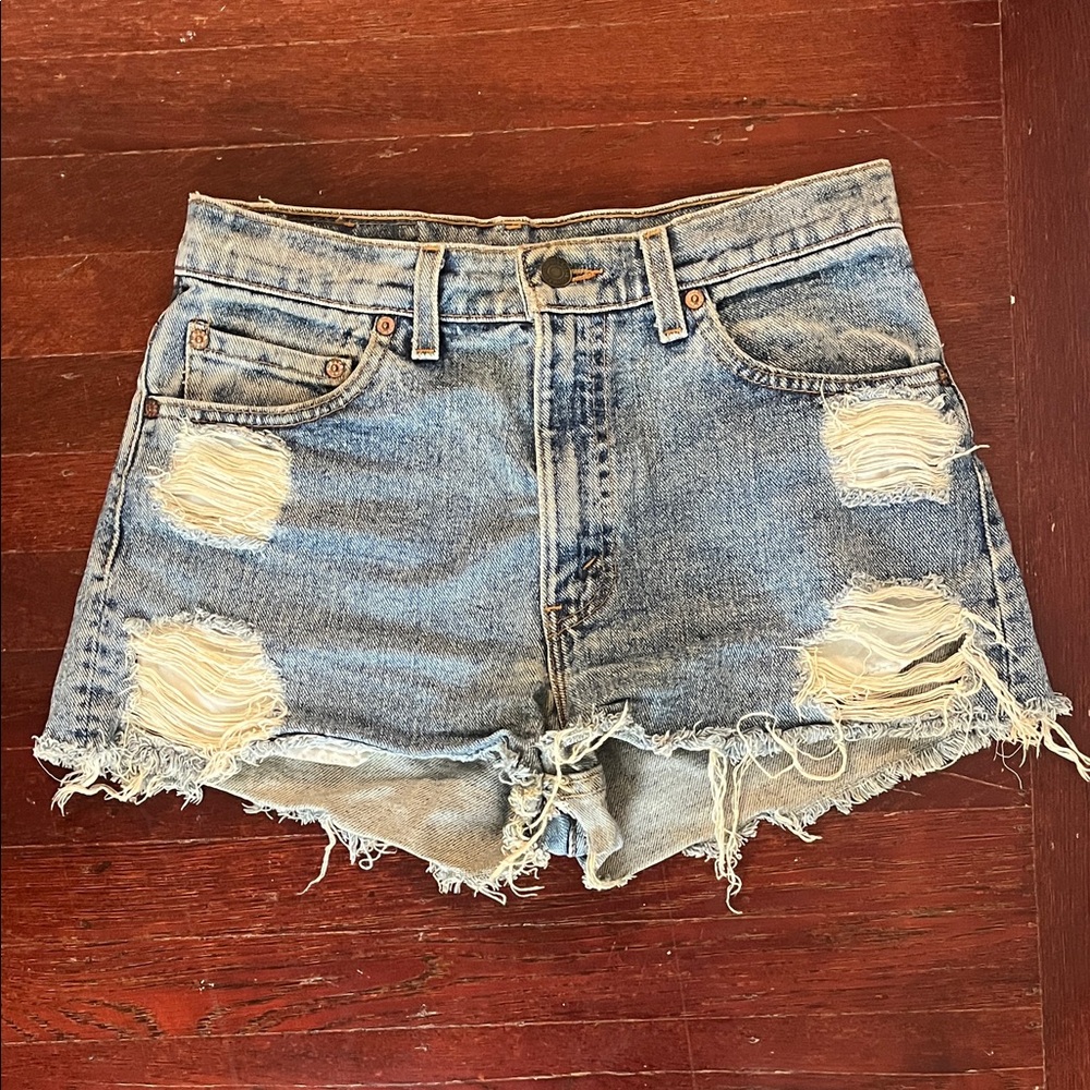 Urban Outfitters High Waist Distressed Denim Shorts - Blue